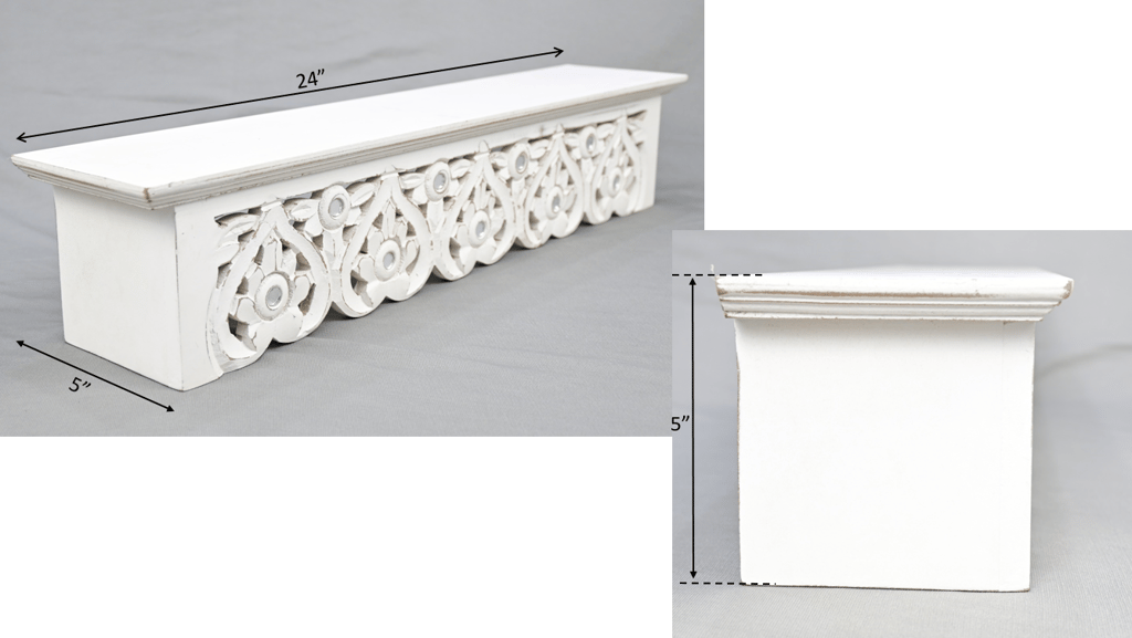Wooden Craft Hand Carved and Painted Antique Solid Wood Flower Jali Design Wall Mounted Floating Shelf Wooden Wall Brackets Shelves (White Wash) view 2