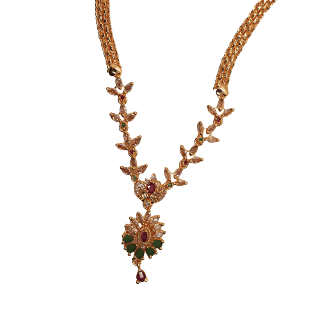 Gold plated traditional Indian necklace haram with white and green stones view 2