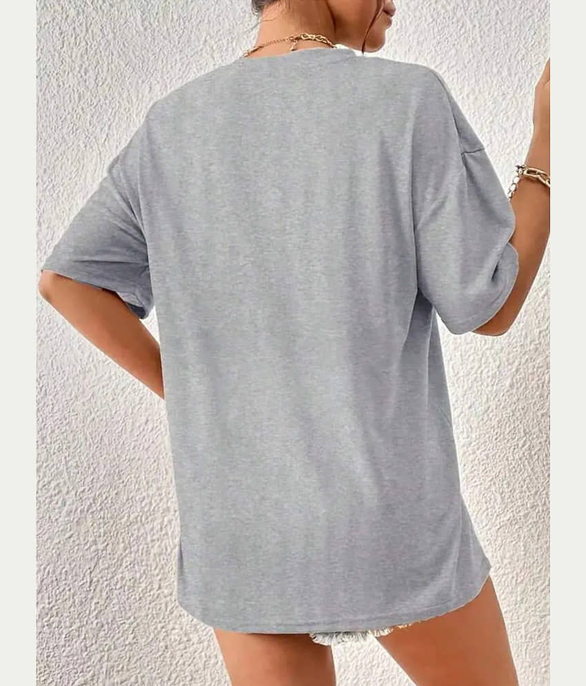 ELBATROSS Women Cotton Blend Printed Oversized Fit Round Neck T-Shirt ( Grey ) view 2