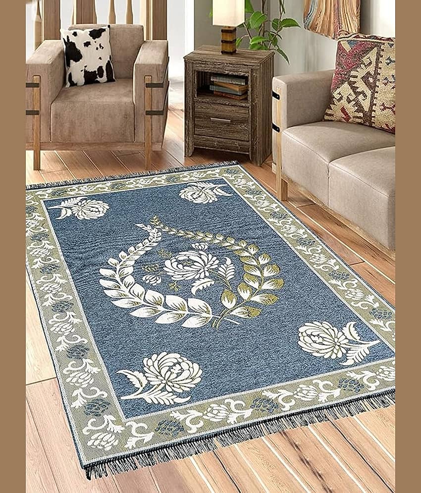 RADECOR Blue Chenille Carpet Floral 5x7 Ft