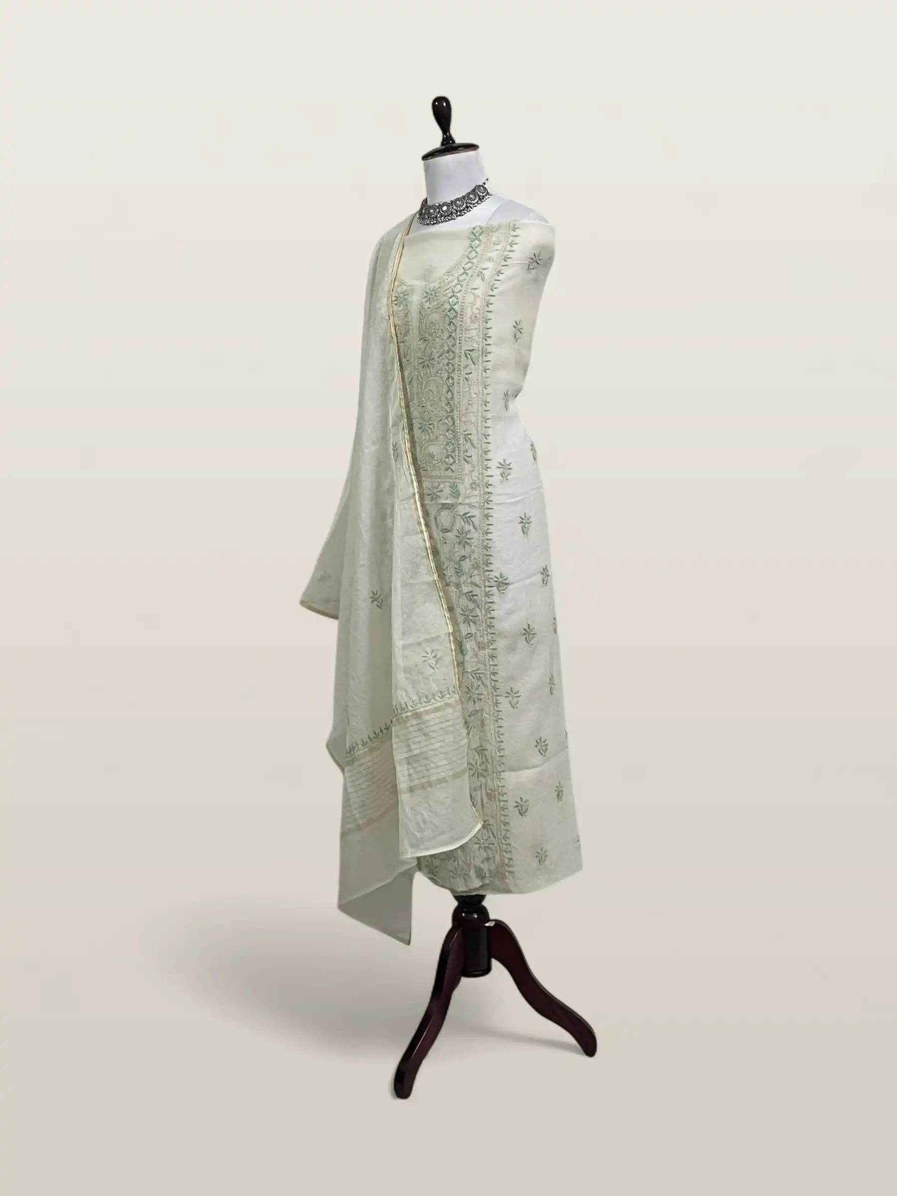 Chikankari Mul Chanderi Dress Material Mint Green Floral view 2