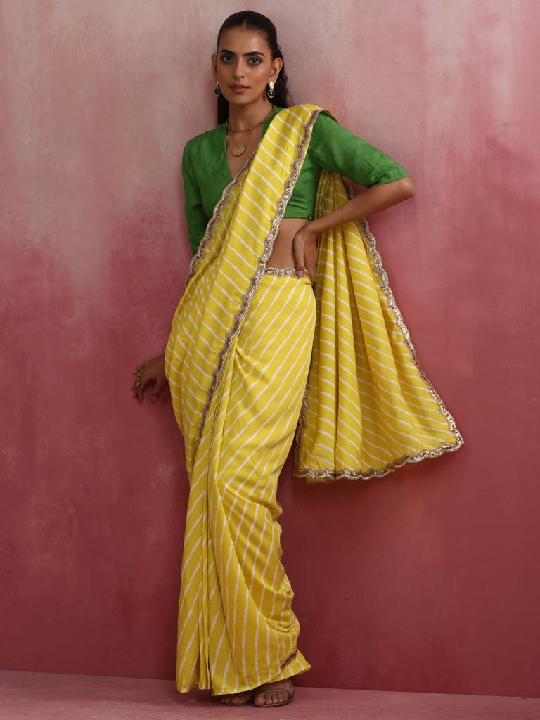 trueBrowns Lime Muslin Silk Saree - Lime (Free Size) view 2