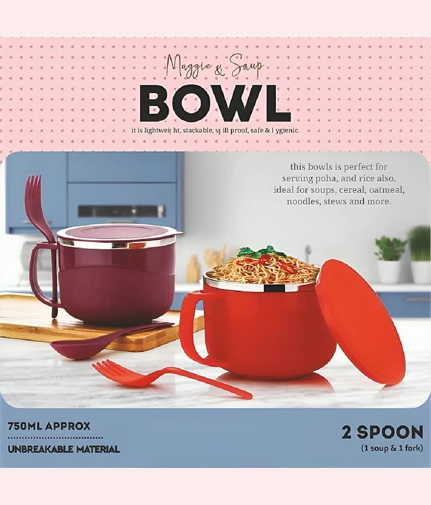 Plastic Inner Steel Insulated Multipurpose Bowl Maggi,Soup, Pasta Bowl with Lid & Spoon Set of 2 Bowl (Multicolor)