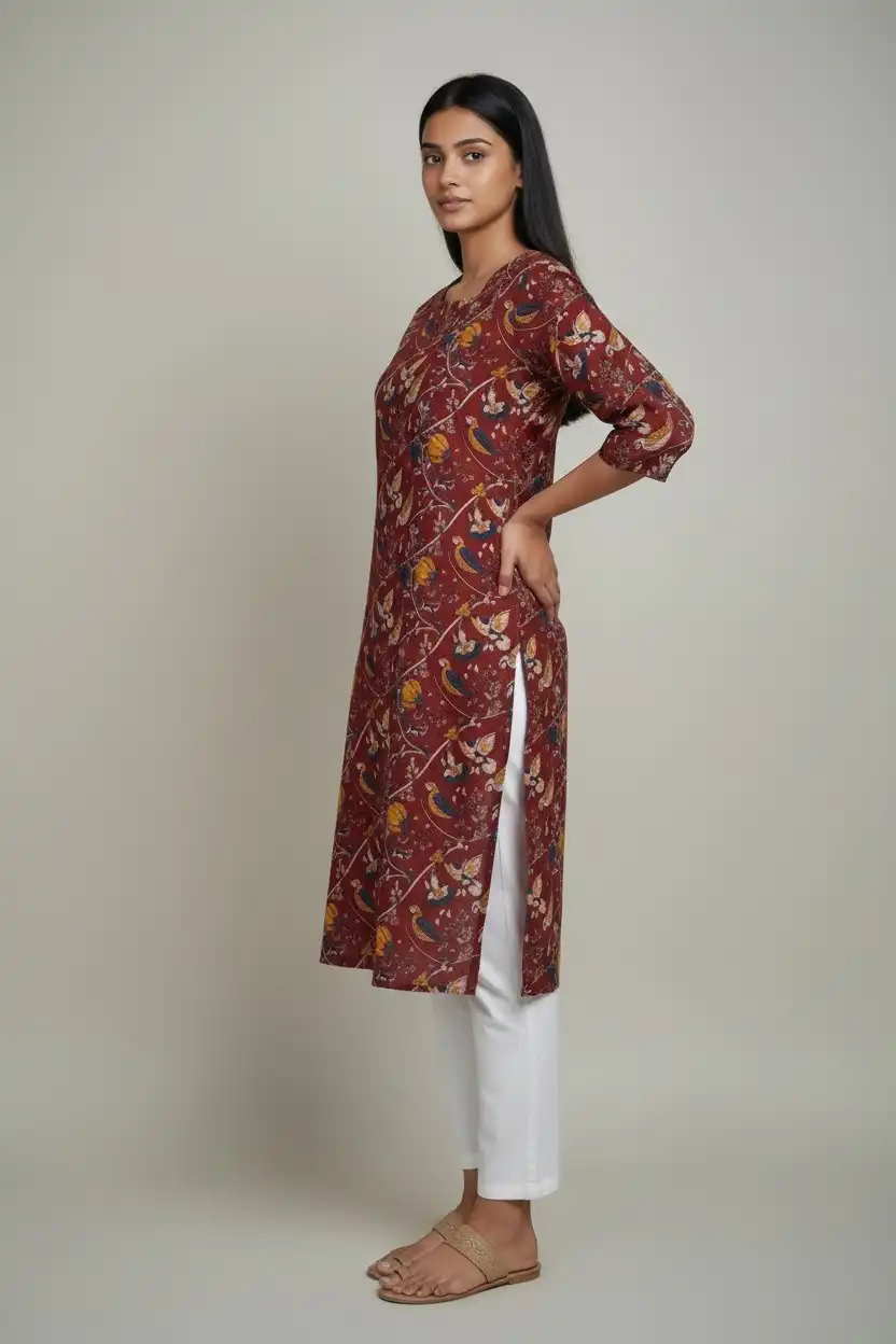 Block Print Cotton Kurti Maroon Blue Orange Floral view 2