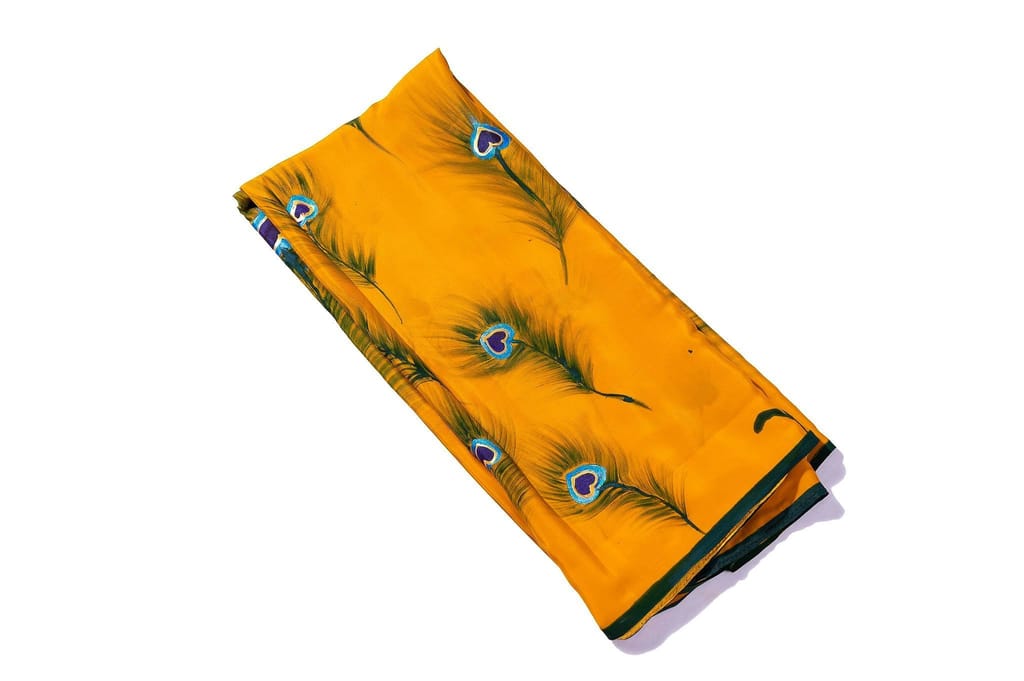Yellow Saree With Peacock Feather Design view 2