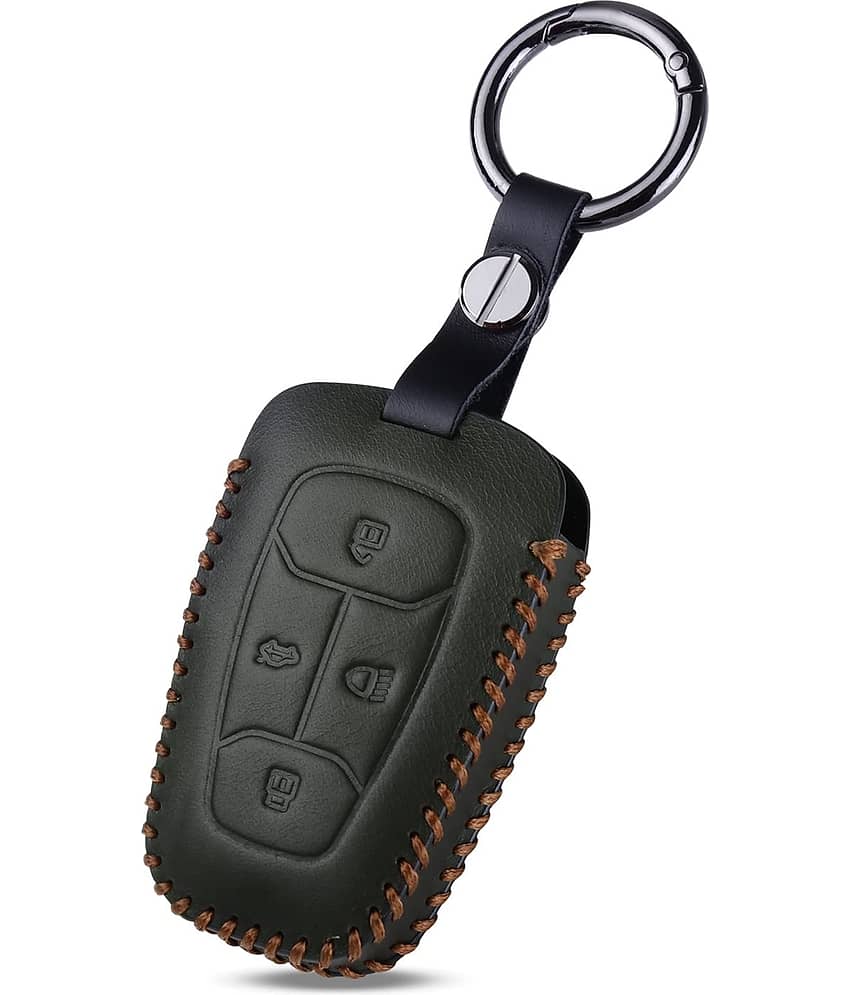 Car Styling Soft Handmade Leather Key Cover Compatible with TATA NEXON, Harrier, ALTROZ, TIGOR BS6, Safari 2021 Safari Gold, Punch 4 Button Smart Key