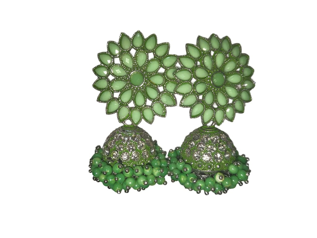 Green Jhumka Earrings with Kundan Stones and Pearl Beads view 2