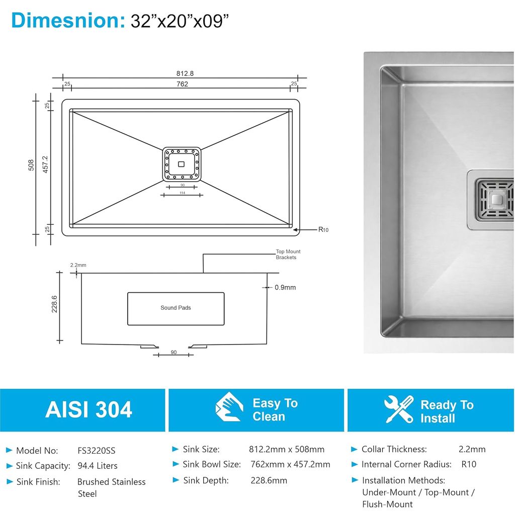 Aqua 304 Handmade (32 x 20 x 09 ) Inch SS Single bowl Bowl Square Coupling Silver Kitchen Sink view 2