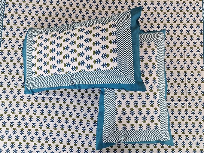 Bedsheet Set Floral Printed Cotton with Pillow Covers, Intricate Ethnic Rajasthani Design, 100% Cotton, 210 x 226 cm, Blue, Green & White Color,Best for Single Bed & Big Deewan Sets view 2