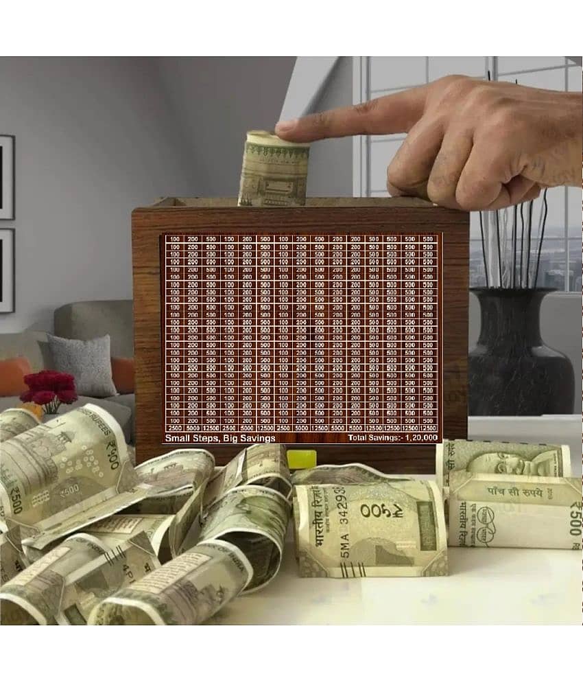 Wooden Piggy Money Bank Saving Box With Saving Target Upto 1 Lakh (Brown)