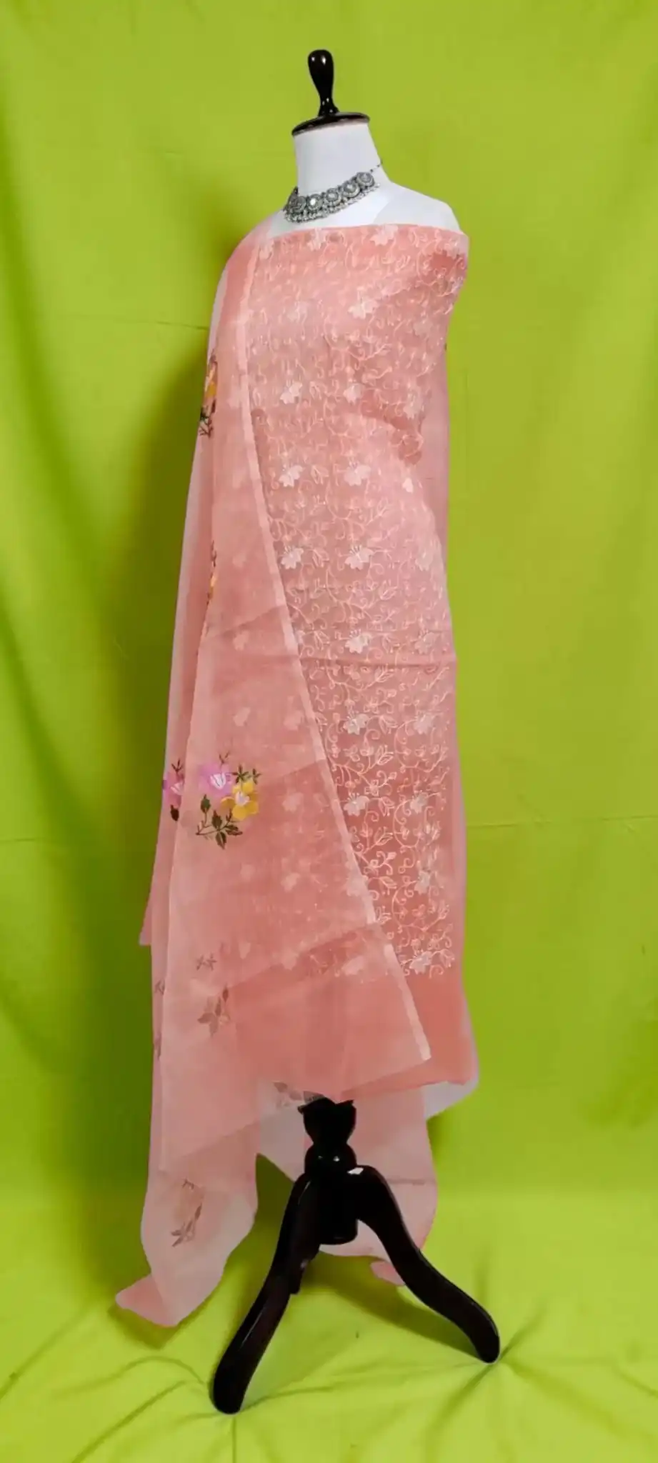 Handwoven Kota Doria Dress Material with Gota Patti Floral Embroidery view 2