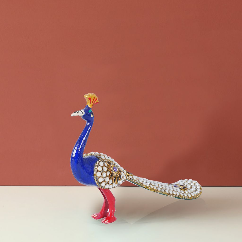 Peacock With Moti Work Metal Meenakari 6 Inch