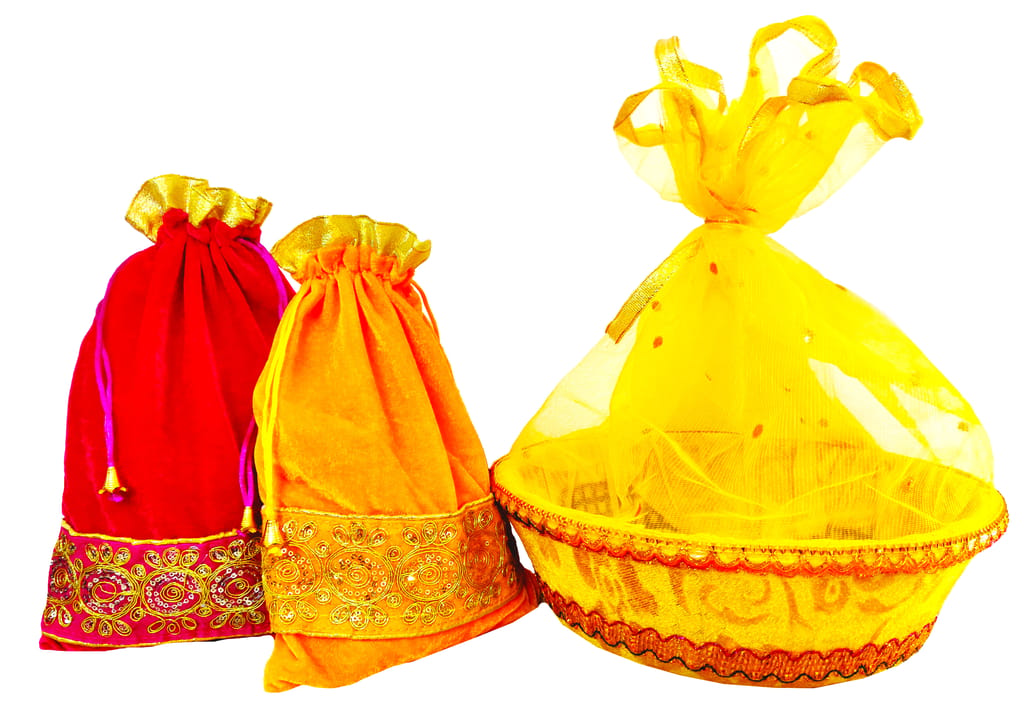 Omkar by R3 Inc. Royal Gift Basket & Shagun Potli Combo pack for Gifts Hampers | Fancy Gifting | Wedding Gifting|Shagun|Return Gift (Pack of 3 Jumbo) Shagun Potli & Round Basket - Multi Color view 2