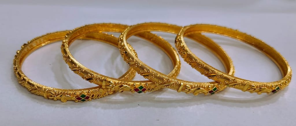Gold plated Textured Bangle Set with Green and Red Stones view 2