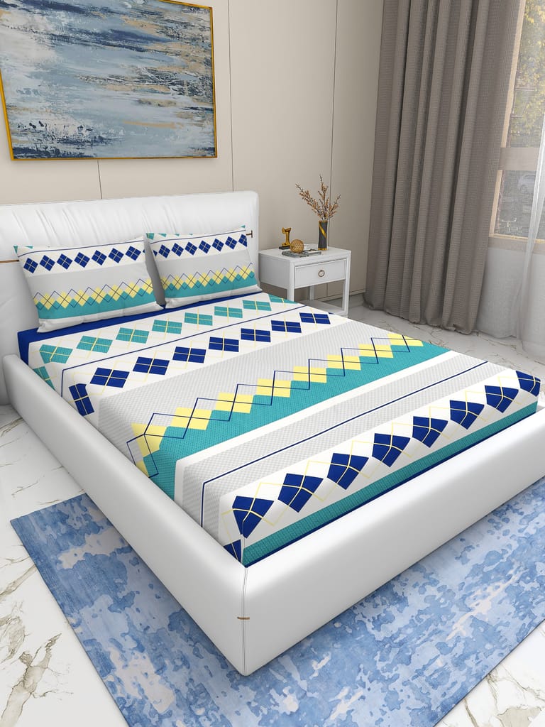 Quirky Home Rome Collection Premium Cotton Blend 180 TC Fitted Double Wrinklefree Bedsheet with 2 Pillow Covers, Blue Diamond view 2
