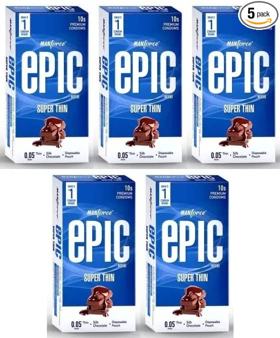 Manforce Epic Desire Super Thin Premium Condoms for Men Silk Chocolate Flavour Disposable Pouch (10 Counts) x pack of 5