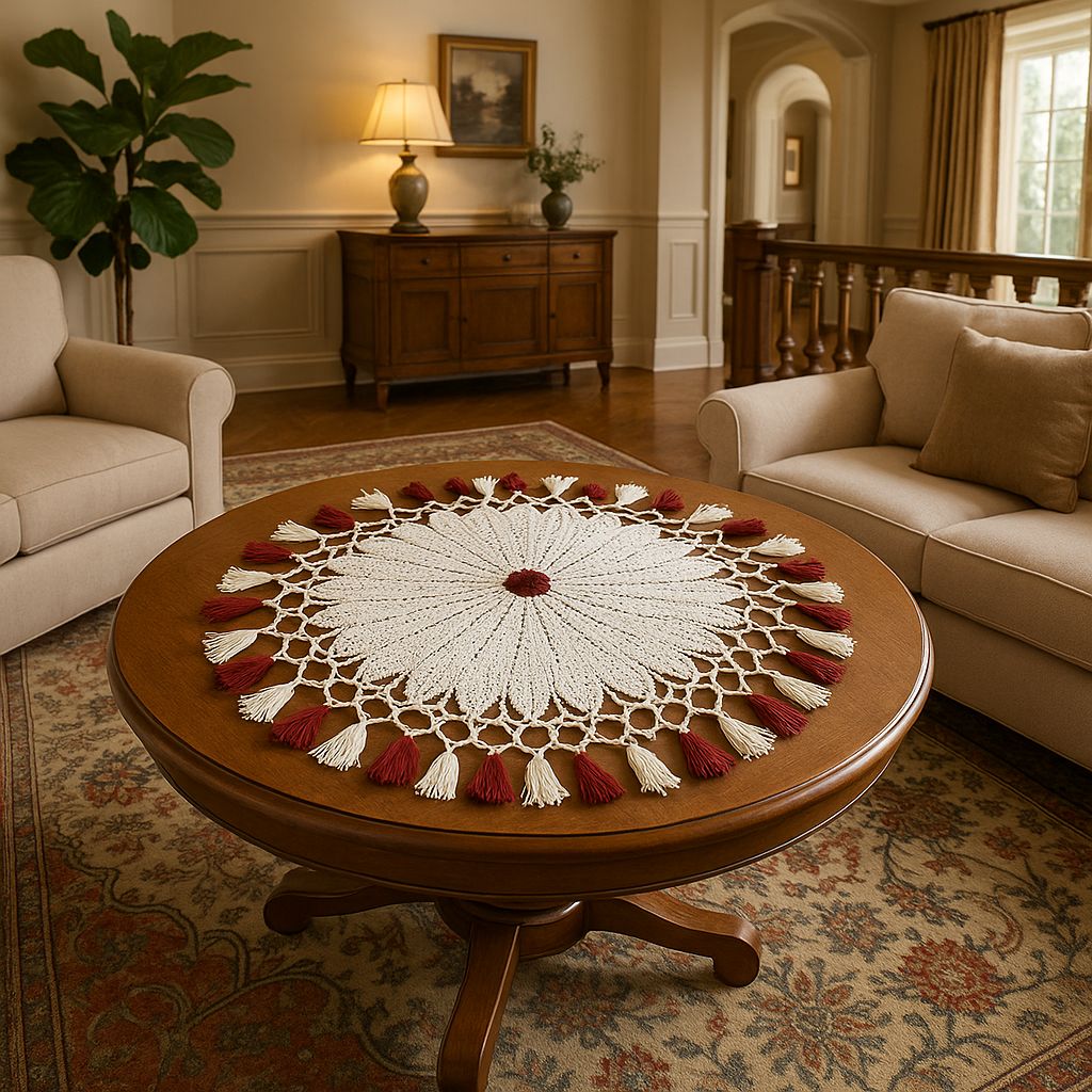 Handcrafted White Crochet Round Table Mat with Maroon Tassels view 2