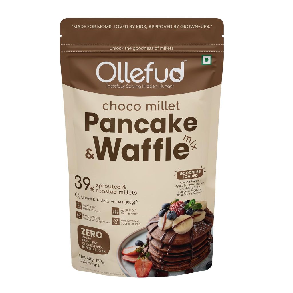 Ollefud Choco Millet Pancake & Waffle Mix | Coconut Jaggery, Fruits, Nut & Seed | No Maida, No Refined Sugar | Protein & Fiber Rich | Iron Source | 150g