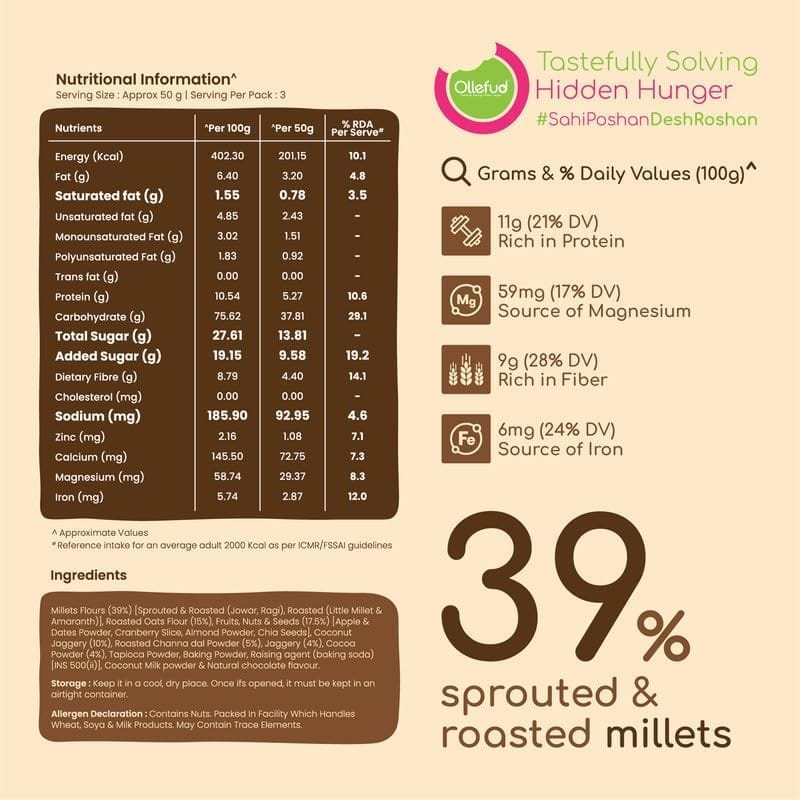 Ollefud Choco Millet Pancake & Waffle Mix | Coconut Jaggery, Fruits, Nut & Seed | No Maida, No Refined Sugar | Protein & Fiber Rich | Iron Source | 150g view 2