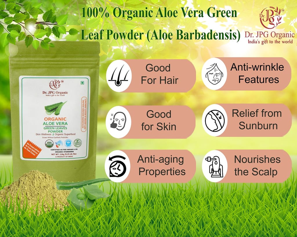 Dr. JPG Organic herbals Aloevera Powder 228g | Aloe Barbadensis | INDIA ORGANIC Certified. (114g Pack Of 2) view 2