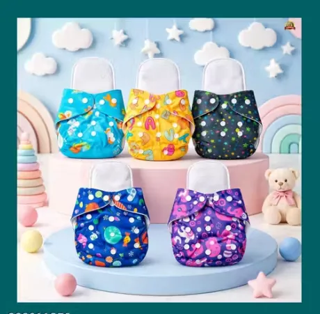 Soft, eco-friendly reusable diaper pack of 5 with leak-proof layers, breathable fabric, and adorable prints for happy babies daily.