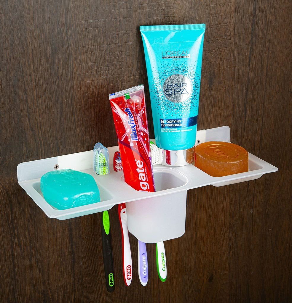 HAPPI Unbreakable ABS Plastic 4 in 1 Soap Dish Holder Glass Tumbler and Tooth Brush Holders, Soap Stand, Soap Case, Soap Holder Stand�Wall Mounted for Bathroom�(White) view 2