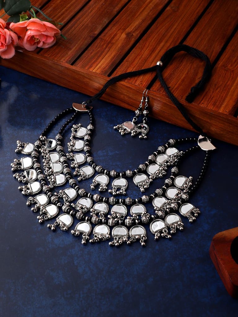 Cardinal Oxidized Black Beads Mirror Silver Color Choker Necklace Set view 2