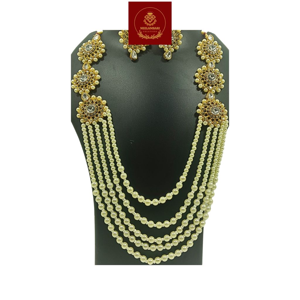 Nandini Luxury Handcrafted Gold Plated Necklace Jewellery Set with Long Chain, Earrings And Mangtika, AD Brown, Sapphire, Pearl Off-White view 2