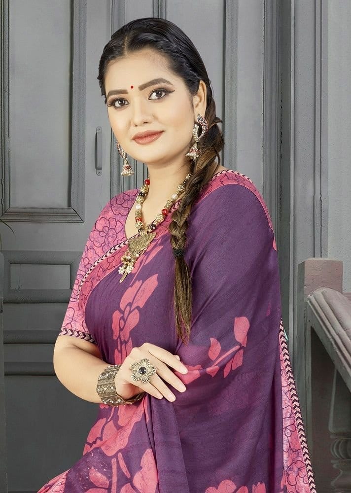 Digital Print Georgette Silk Saree in Wine view 2
