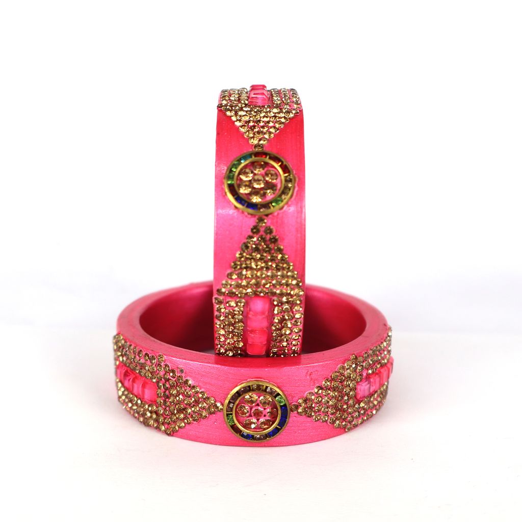 FHS Crystal Work Rajasthani Lac Bangles - Pink view 2