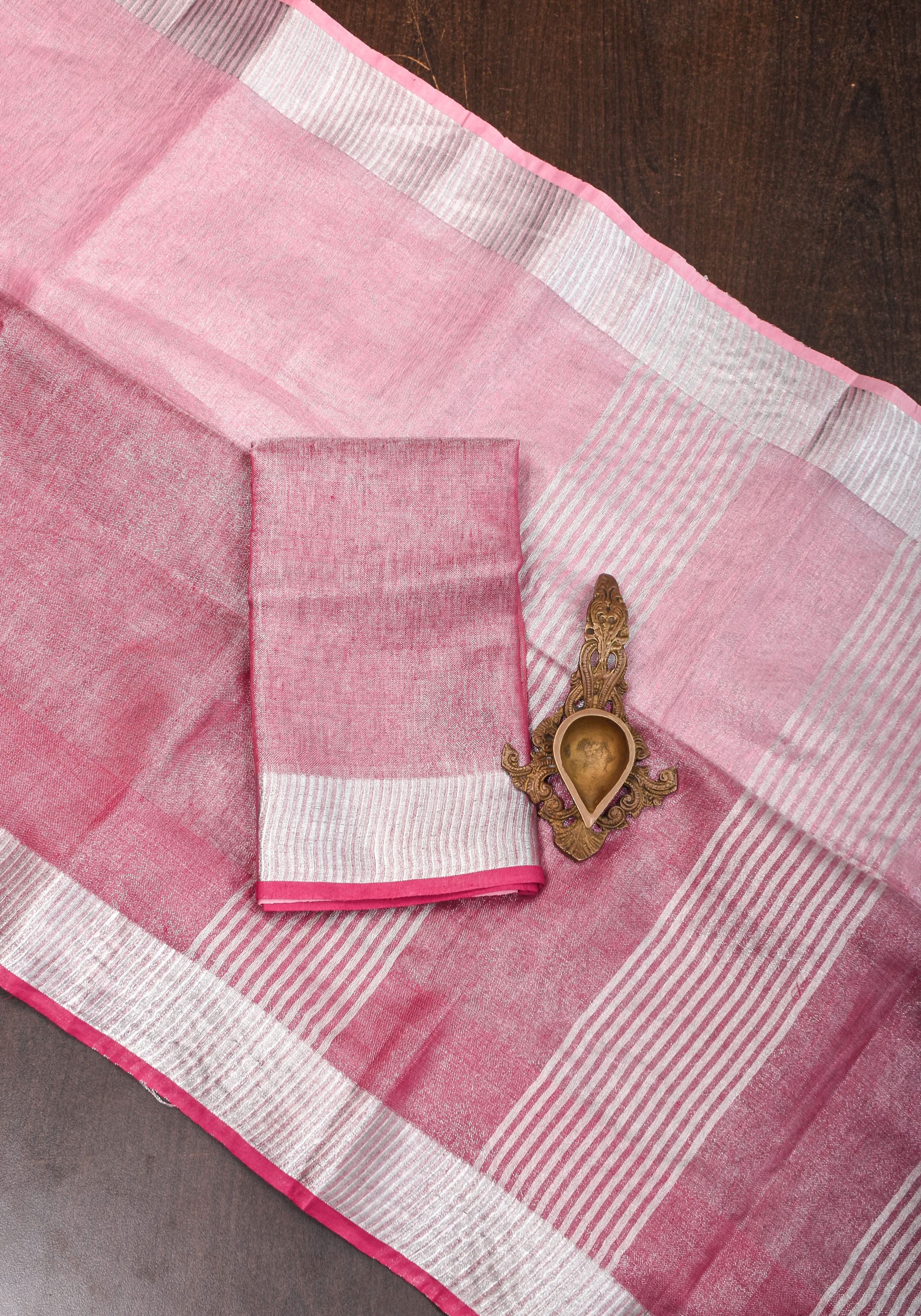 Pink and Baby pink Ombre Silver Tissue Linen Saree with Silver Ribbed Borders view 2