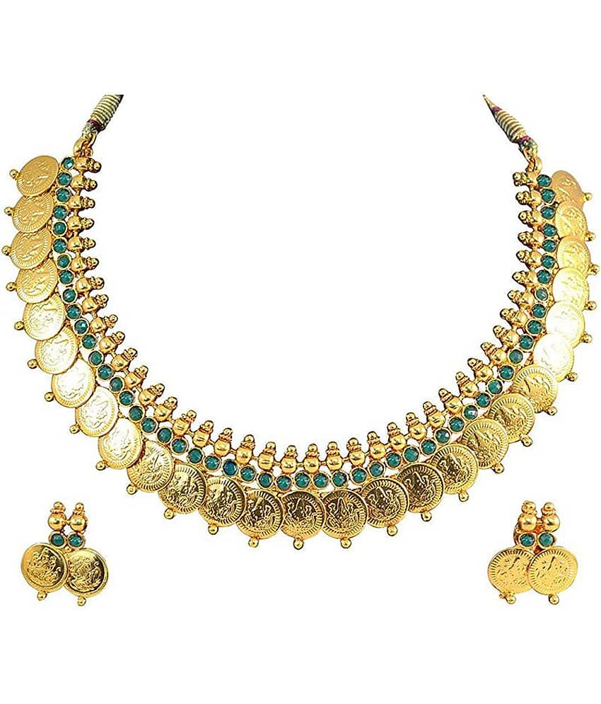YouBella Green Emerald Temple Coin Necklace Set view 2