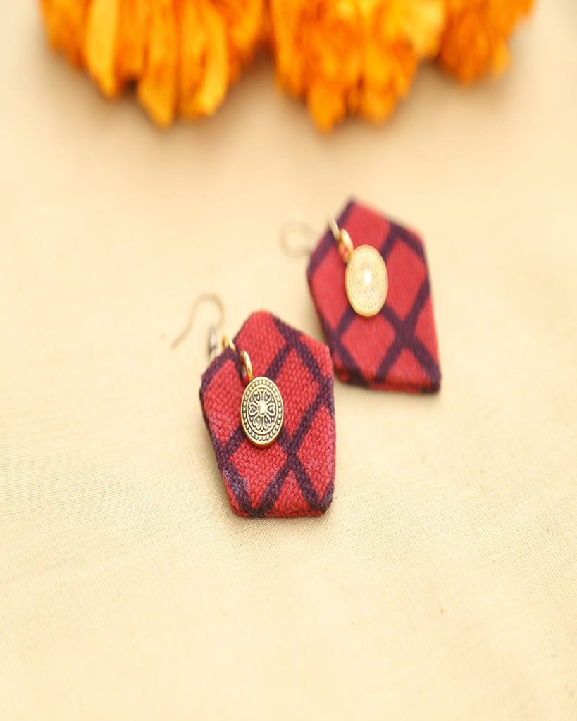 Red Black Pentagon Shape Handcrafted Upcycled Earrings view 2