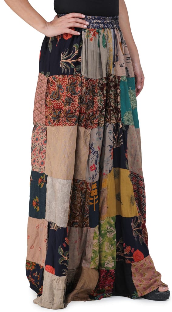 Cafe-Mocha Printed Long Boho Skirt from Gujarat with Patch Work view 2