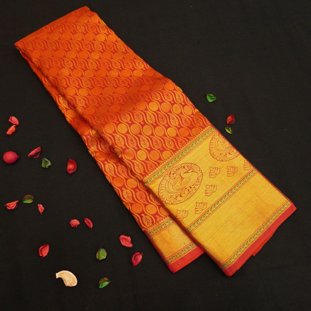 Chilli Red Bridal Kanchipuram Pattu Saree with Dual Border Design view 2