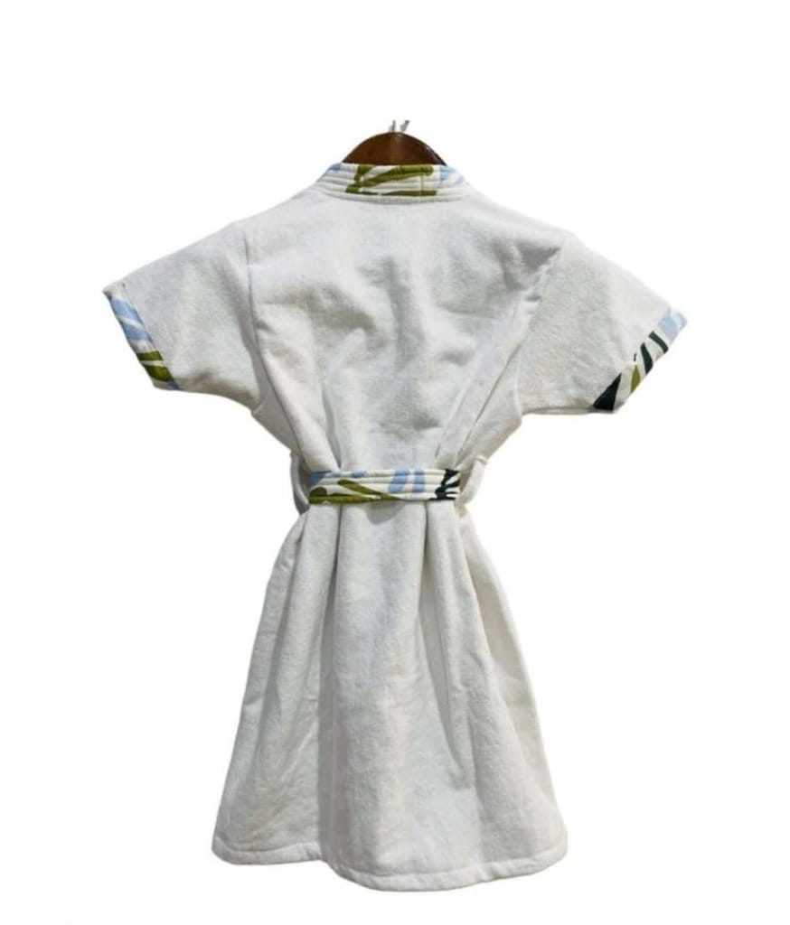 Women's White Cotton Short Sleeve Bathrobe with Blue and Green Trim view 2