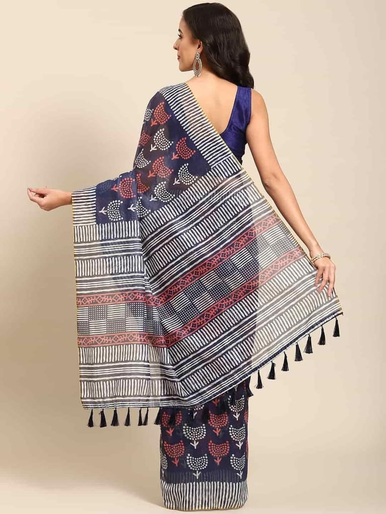 Women's Pure Cotton block print saree with unstiched blouse piece view 2