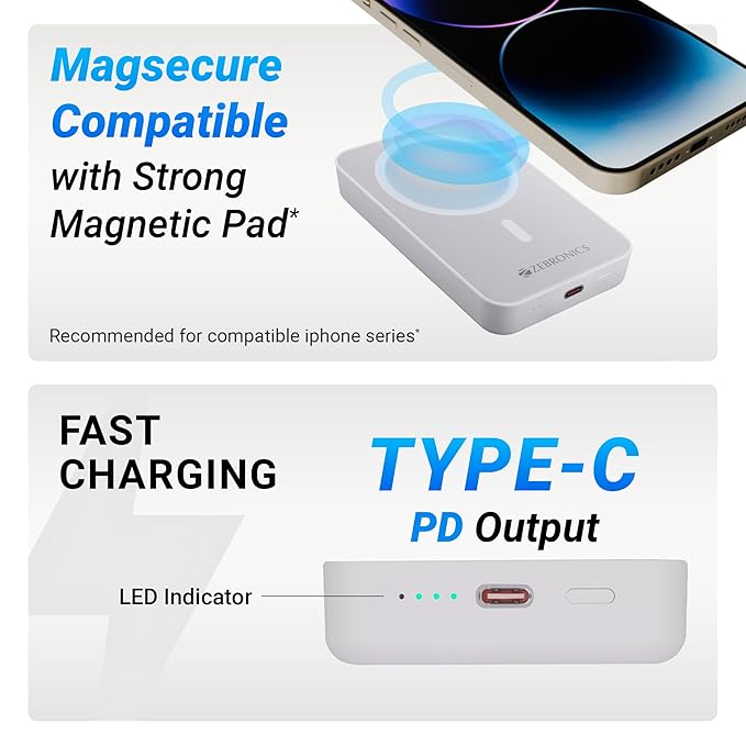 ZEBRONICS MW63 Wireless Power Bank, 10000 mAh, Rapid Charge, Magsafe, Outputs - 20W Wired | 15W Wireless, Type C PD, Built in Protections, LED Indicator, Compatible with iPhone, Made in India view 2