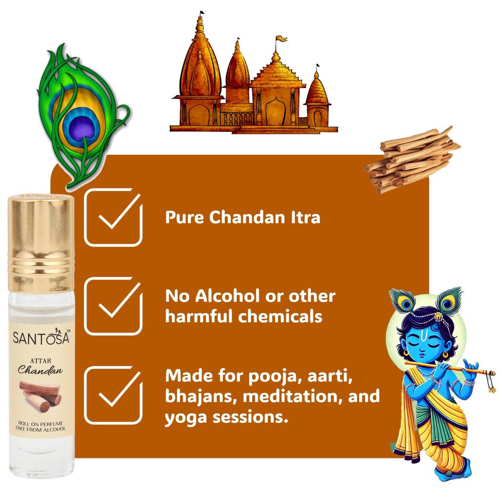 Santosa Chandan Itra Sandal Attar | Premium Alcohol-Free Long-Lasting Roll-On Ittar with Natural Sandalwood Oil | Ideal for Pooja, Meditation, Rituals, and Spiritual Practices (6 ml (Pack of 2)) view 2