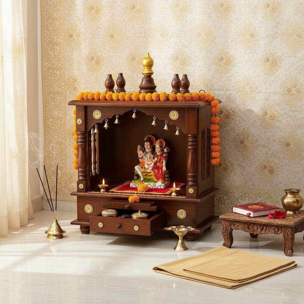 Wooden Beautiful Natural Polished Home Temple-Wall Mount Handicraft Temple, Hindu Religious Pooja Mandir view 2