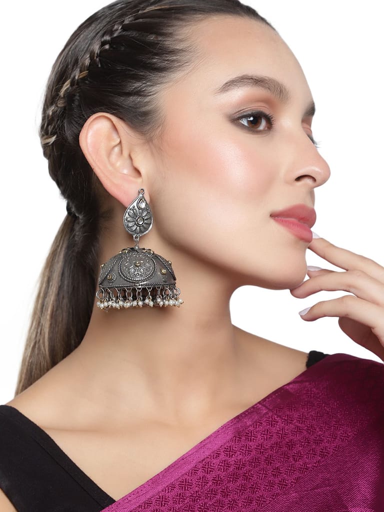 Cardinal Oxidized Metallic Kundan Light Weight Jhumka Earrings view 2