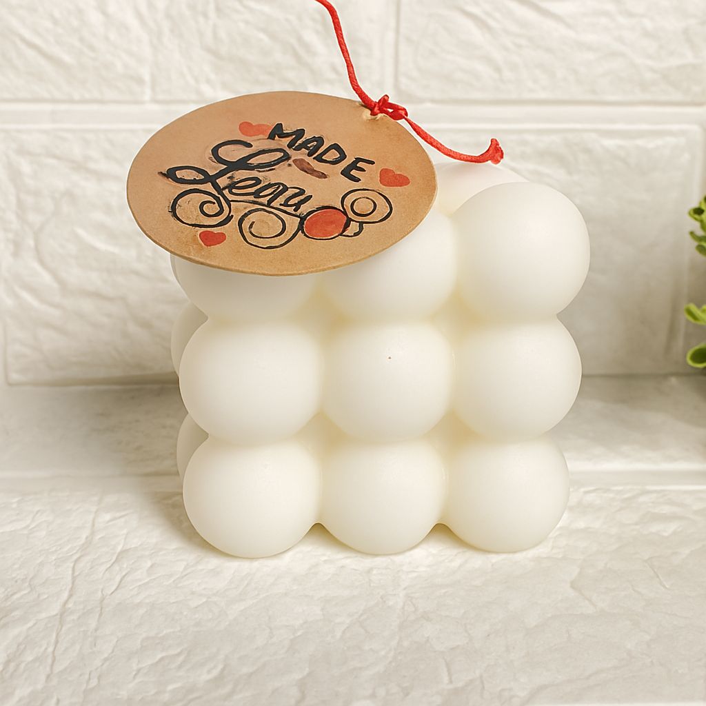 Handmade Luxury White Bubble Candle with 'Made Love' Tag view 2