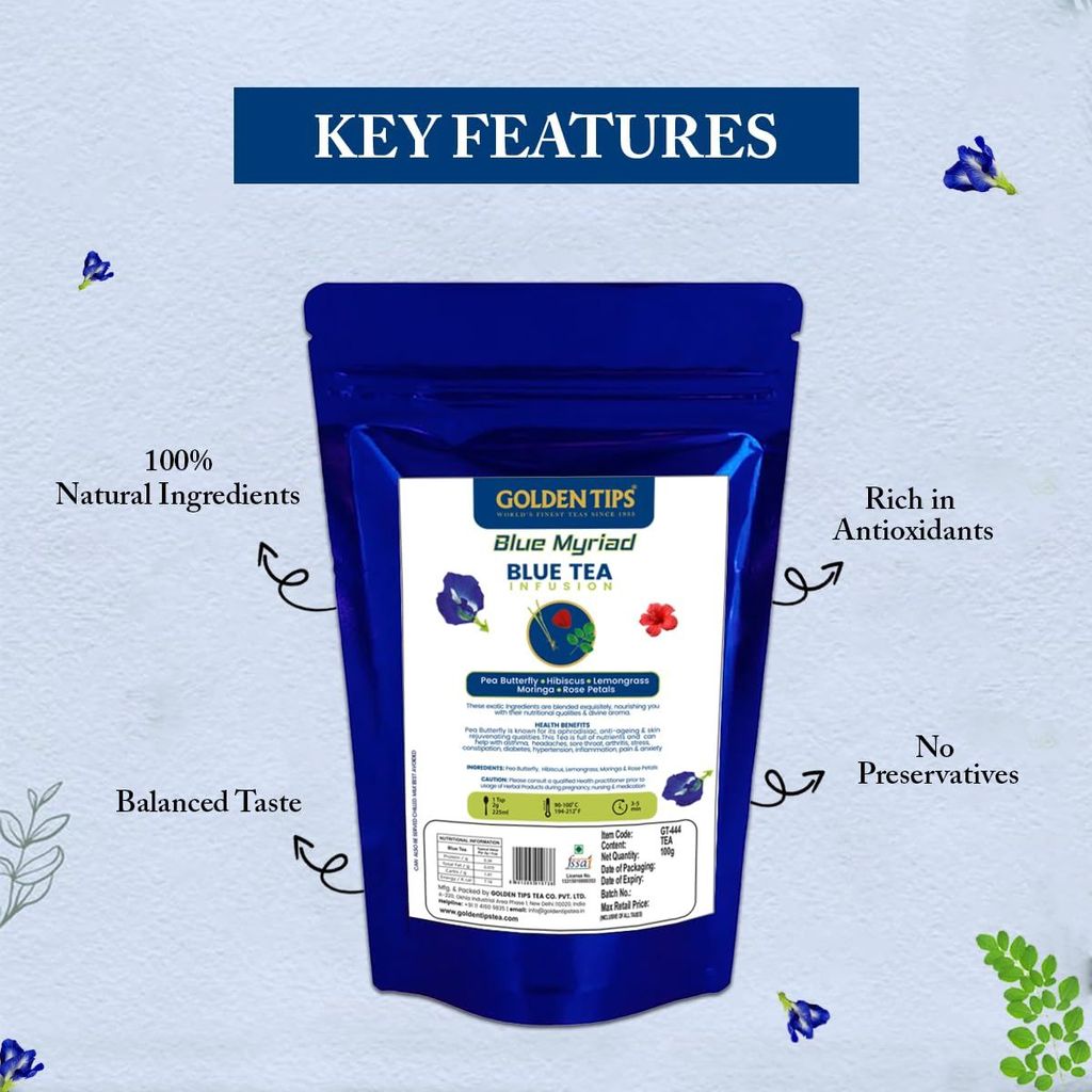 Golden Tips Blue Myriad Infusion Blue Tea, Dried Butterfly Pea Flower, Premium Zipper (100gm-50 cups) view 2
