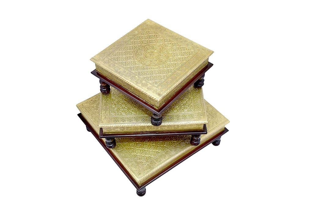 Creative Handicrafts Wood Brass Bajot-Chowki for Pooja/Sitting Chowki for All Purpose/Pooja Decor/Chowki/Patla/Chowki for Daily Prayer Home Décor(12x12x6,15x15x6,18x18x6") view 2