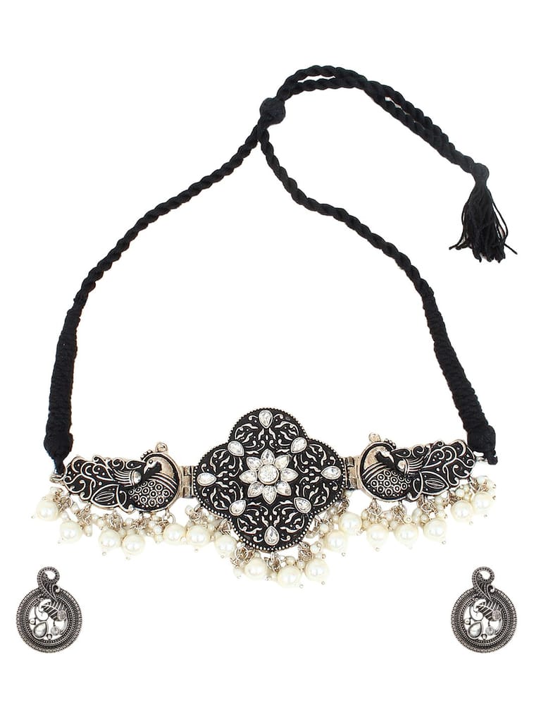 Cardinal Oxidized White Moti Silver Choker Necklace Set view 2