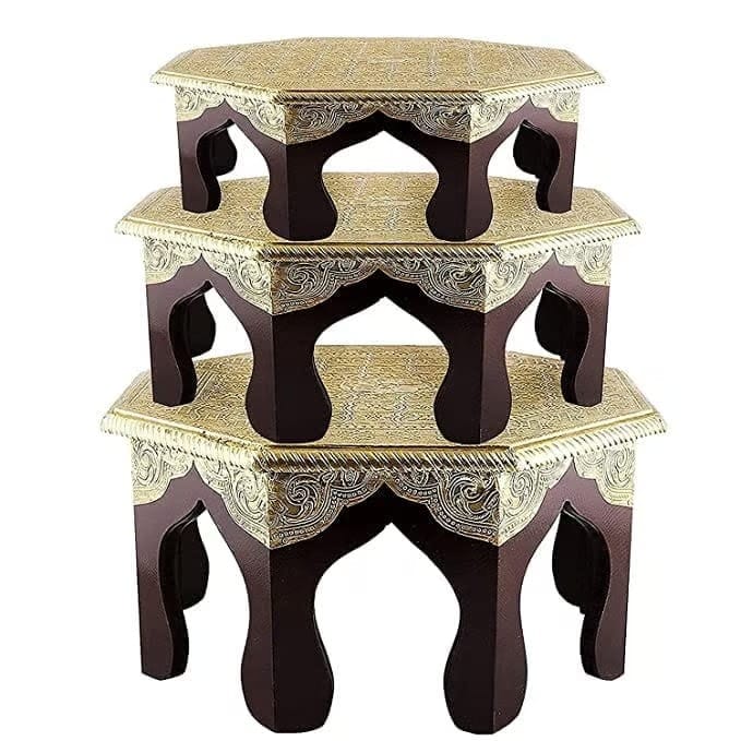 Vijay Art - Wooden Brass Octagonal Chowki Set Traditional Bajot Stool with Intricate Paint for Sitting or Puja Purpose (12 Inch)