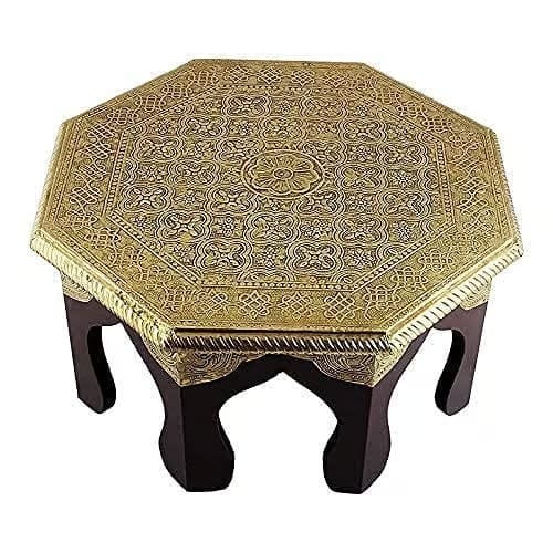 Vijay Art - Wooden Brass Octagonal Chowki Set Traditional Bajot Stool with Intricate Paint for Sitting or Puja Purpose (12 Inch) view 2