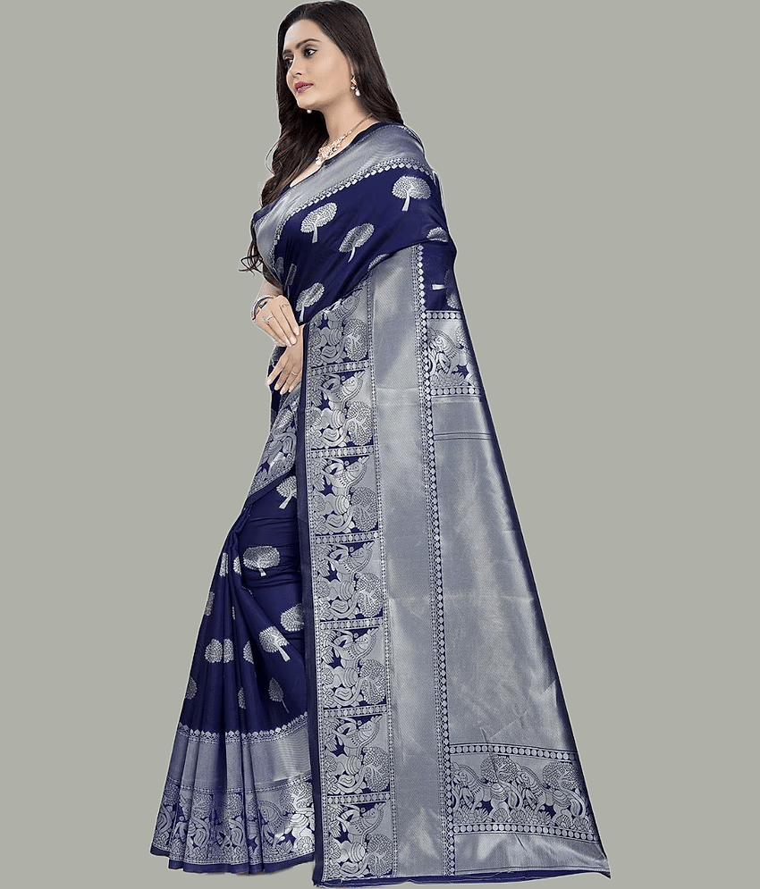 GARIYA Art Silk Embellished Saree With Unstitched Blouse Piece ( Navy Blue ) view 2