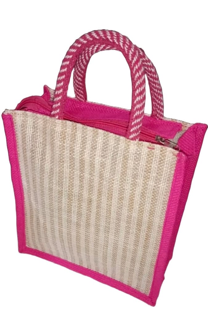 Eco-Friendly Jute Go Green Tote Bag with Hot Pink Trim & Zipper Closure view 2