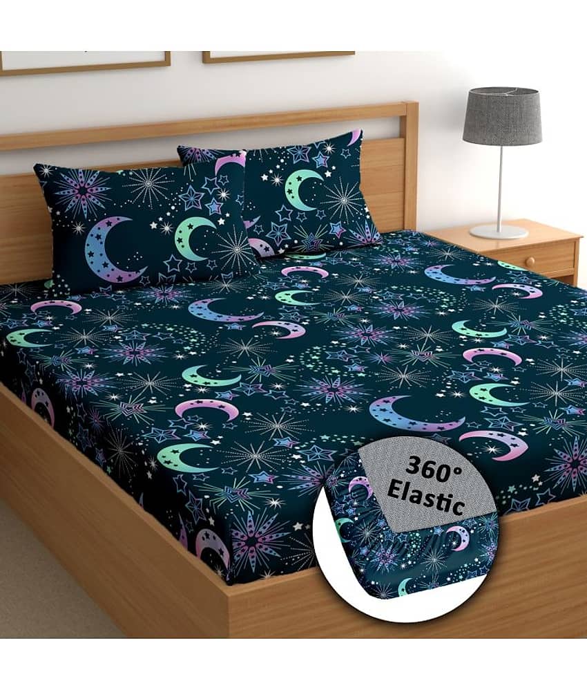 CG HOMES Cotton Floral Fitted 1 Bedsheet with 2 Pillow Covers ( Double Bed ) - Blue view 2
